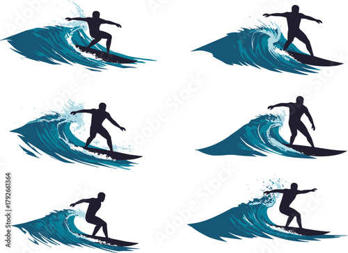 Surfer silhouette illustrations riding stylized waves in dynamic poses, blue splash vector design, aquatic sports and motion concept