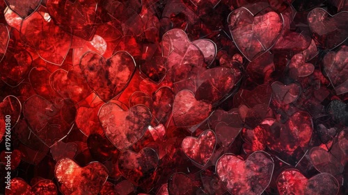 A red background with many hearts. Some of the hearts are large and some are small. The hearts are scattered throughout the