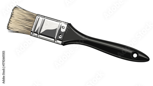A realistic illustration of a blackhandled paintbrush with tan bristles