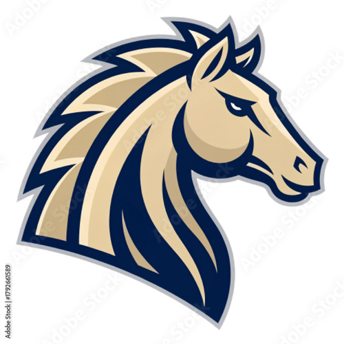 Noble Horse Head Esport Mascot Logo – Flat Vector Emblem with Beige and Navy Colors, Bold Thick Contour, Transparent Background PNG

