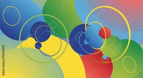 Abstract background with vibrant circles and rings in blue green yellow and red creating a dynamic and modern design perfect for creative projects