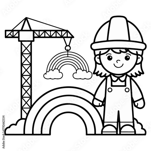 Cute cartoon construction worker girl building a rainbow Outline Drawing with a crane line art illustration for coloring book, children education, black and white vector design