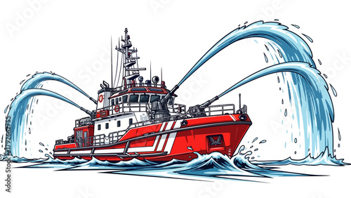 A red and white fireboat sprays water from multiple cannons into the sea