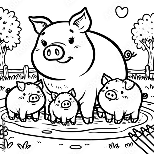 Illustration of a mother pig with three piglets in a farm setting with trees and a heart above