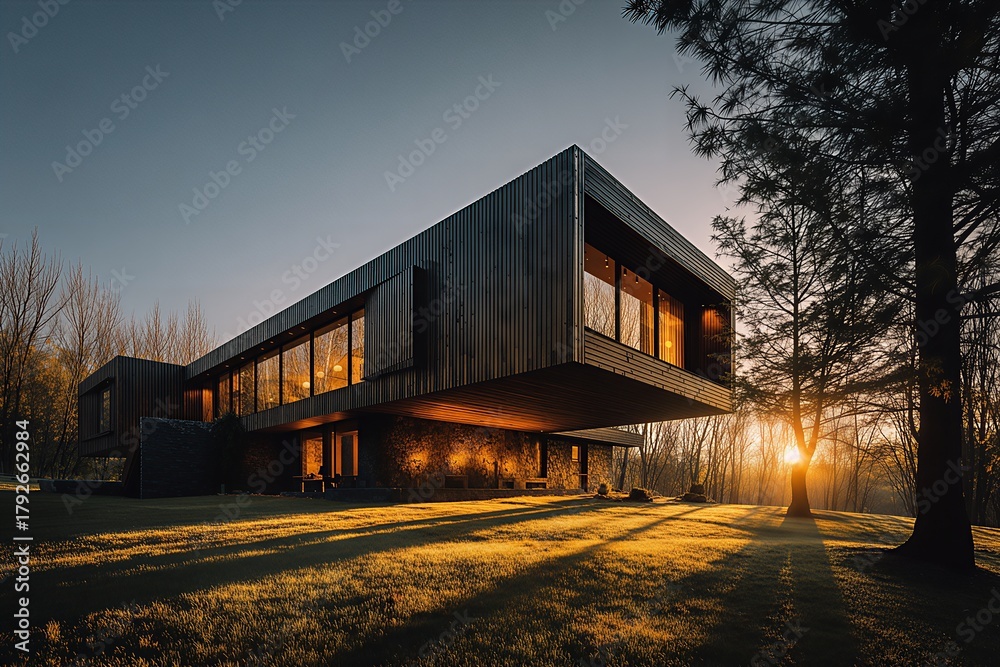 Obraz premium Modernist Cantilever Villa: Dark Wood Structure with Horizontal Lines, Forest Edge Home in Golden Sunlight at Sunrise