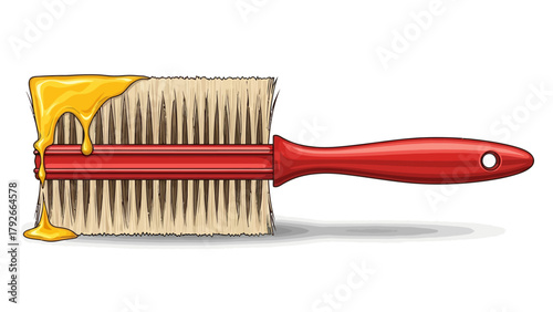 A redhandled brush covered in dripping yellow liquid