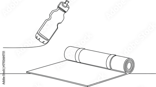 Continuous line drawing of a sports water bottle and a rolledup yoga mat on a flat surface, symbolizing fitness and active lifestyle