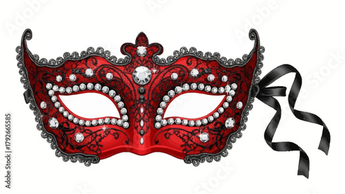 A red Venetian mask with black lace overlay and gems