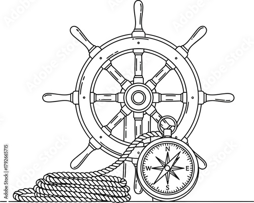Nautical steering wheel with a compass and rope, representing navigation and sea adventure