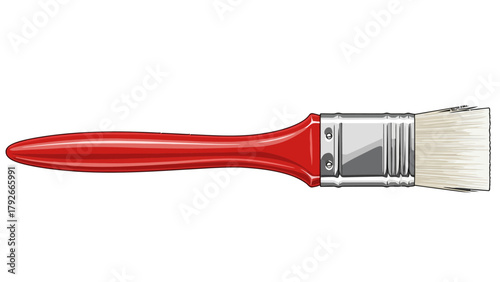 A redhandled paintbrush with white bristles and a metal ferrule