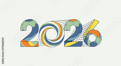 Dynamic 2026 numerals celebrate future innovation with vibrant abstract design elements