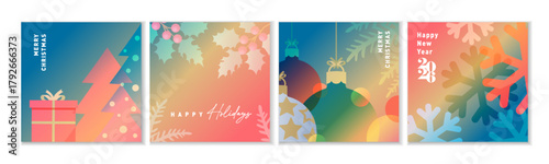 Merry Christmas and Happy Holidays creative watercolor greetings card set. Modern christmas tree, gift, holly berry and xmas ball. Happy New Year 2026, vector design for season banner or cover
