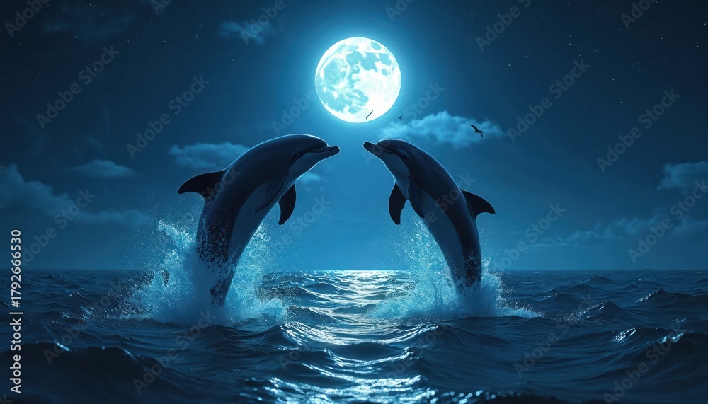 Fototapeta premium Pair dolphins leap in ocean at night under full moon. Two marine mammals jump out of sea water. Wildlife animals against starry dark blue sky with clouds and moonlight.