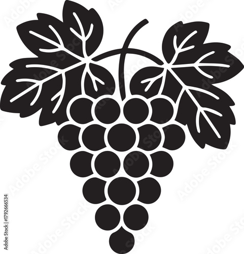 Black Grape Silhouette Vector with Leaves, Wine Fruit Icon Design