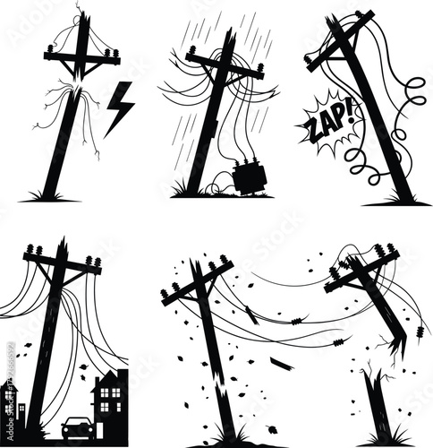 Broken electric pole silhouette set, damaged power lines with sparks and storm effects, electricity failure vector illustration, blackout and danger concept