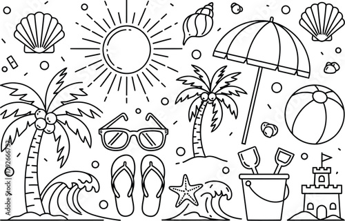 Vibrant beach scene with palm trees, sun, waves, umbrella, and sandcastle, perfect for summer vacation and relaxation