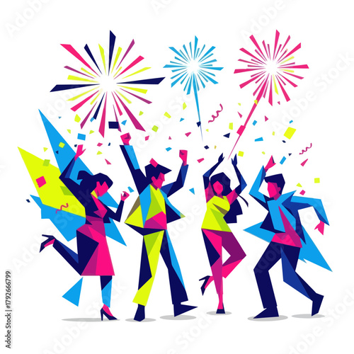 Geometric Dancing Figures with Colorful Fireworks