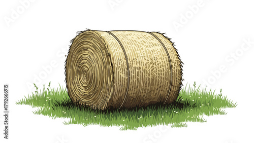 A round bale of hay sits in a patch of green grass with small white flowers