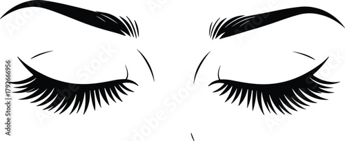 Stylized closed eyes with bold lashes and brows, vector illustration for beauty branding, makeup design, and editorial fashion content