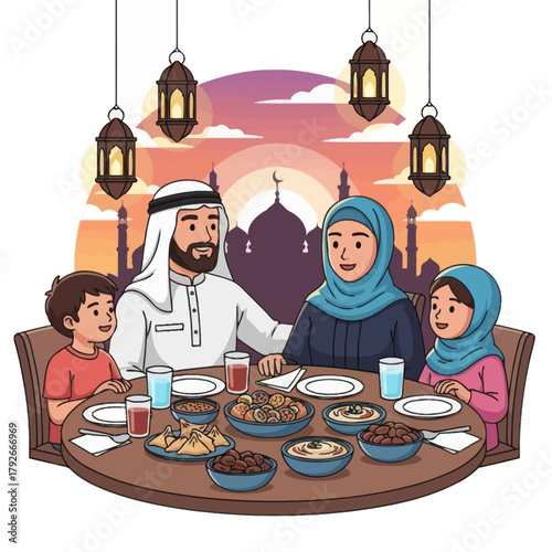 Muslim Family Enjoying Iftar Meal at Sunset