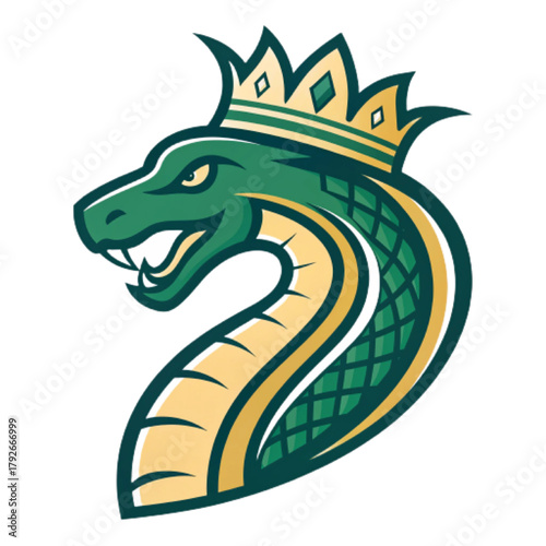Crowned Snake Esport Mascot Logo – Flat Vector Emblem with Emerald and Gold Colors, Simple Outline Design, Transparent Background PNG

