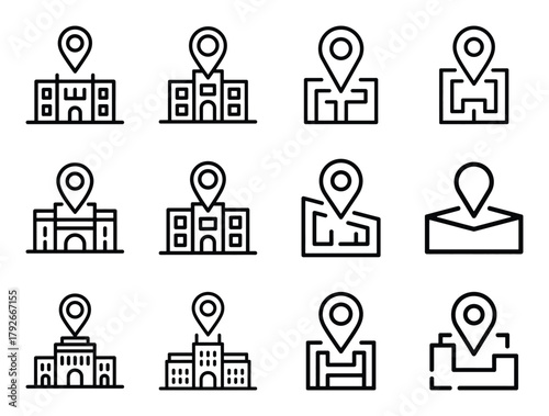 Location pin over building and map outline icon set for navigation