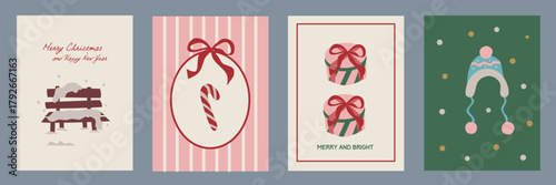 Hand drawn la dolce vita Christmas doodles. Vector illustration cards icon with candy cane, gift box. Minimalist winter holiday for invitations, stationery, printables, social media, wall art.