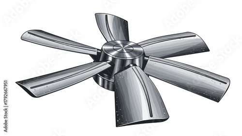 A silver sixbladed fan propeller with a central hub