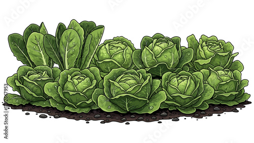 A row of fresh green lettuce and cabbage growing in soil