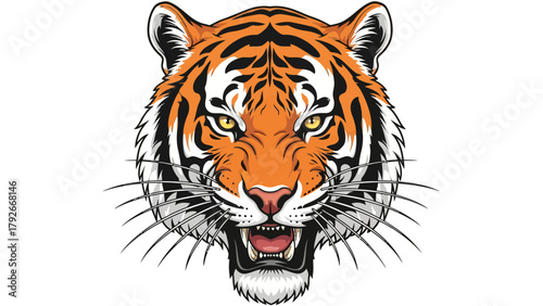 A snarling tigers head with open mouth sharp teeth and yellow eyes