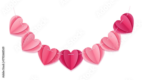 A string of pink and red 3D paper heart decorations