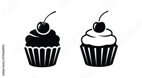 Two black and white illustrations of cupcakes topped with cherries