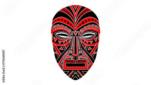 A stylized tribal mask in black and red