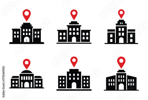 Building location icon set with red map pins, perfect for apps