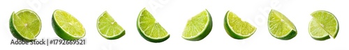 A collection of fresh lime wedges arranged in a row.