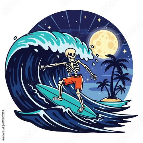 Skeleton surfer conquers massive wave under moonlit tropical night sky with palm trees