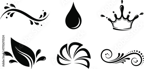 Vector Black Silhouette Set of Stylized Liquid Splashes, Water Drop, Organic Leaf, and Decorative Floral Swirl Elements: Abstract Nature and Fluid Graphics.