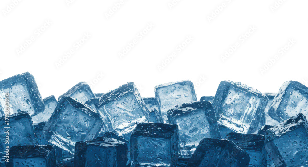 Obraz premium Extreme macro close-up of icy blue, heavily frosted, wet crystalline ice cubes and crushed shards at the bottom edge, high-key studio shot against transparent negative space concept for beverage
