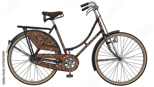 A vintage bicycle with ornate decorative patterns on its frame and fenders