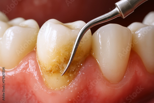 Close-up of dental scaler cleaning plaque and tartar from stained tooth root surface near healthy gums.