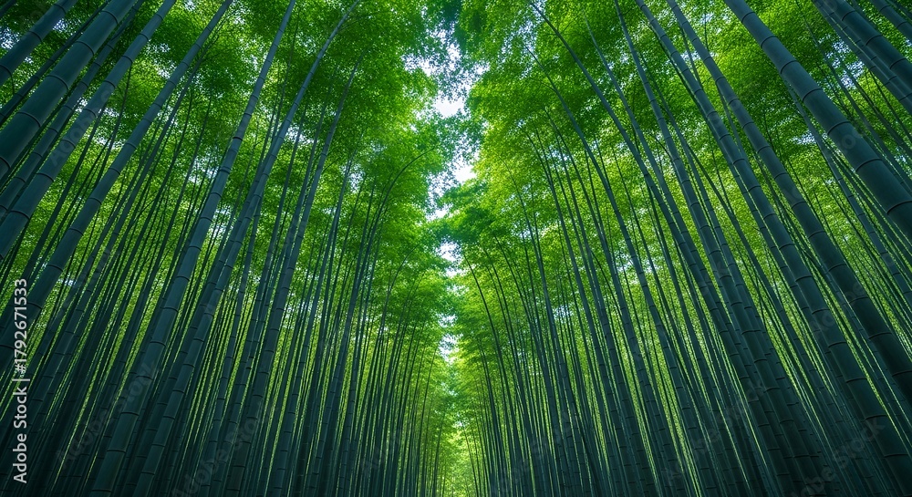 Fototapeta premium Lush Bamboo Forest Canopy - A Serene Green Escape.