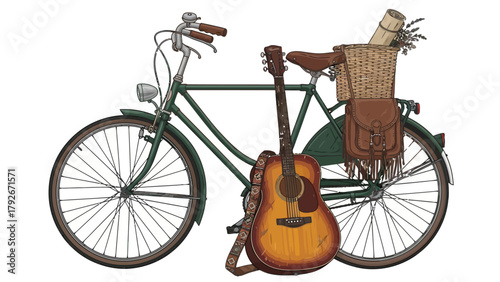 A vintage green bicycle with a guitar and a basket loaded with supplies