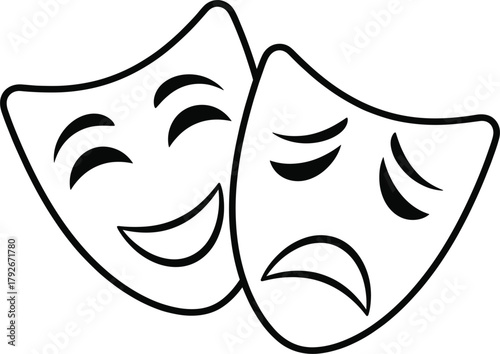 Vector Line Art of Comedy and Tragedy Masks: Classic Theatrical Symbols Representing Drama, Acting, Emotion, Happiness, and Sadness in a Simple Outline Style.