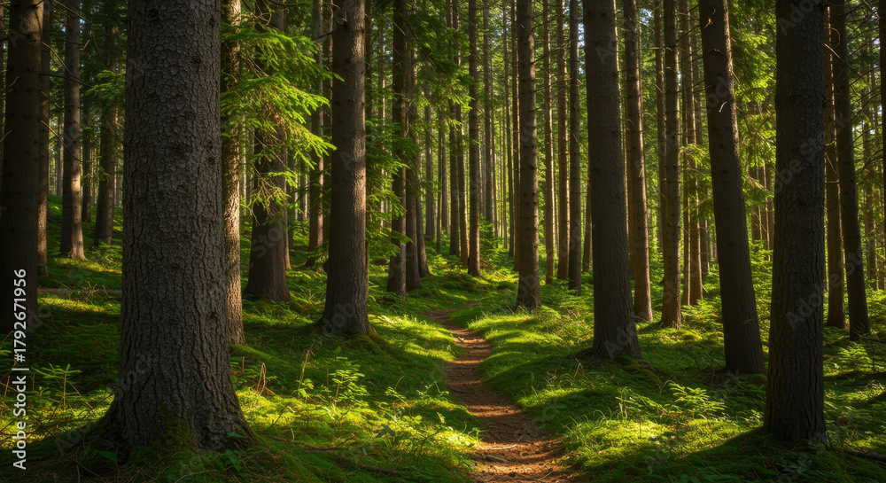 Obraz premium Sunlit forest path winding through tall trees and mossy ground.