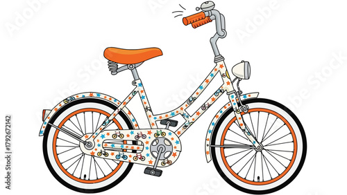 A white bicycle adorned with colorful stars and small bicycle illustrations