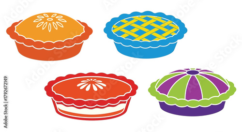 Colorful cartoon illustrations of four different miniature pies and tarts