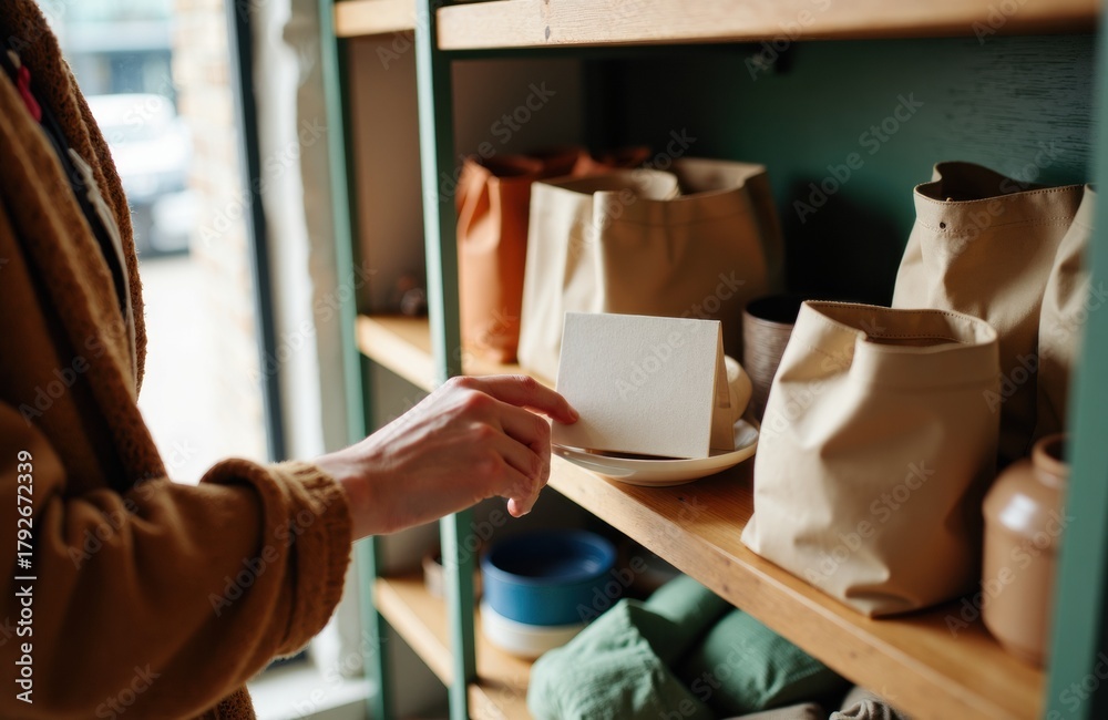Obraz premium A woman shopping in a store with shelves filled with paper bags and containers