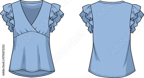 Elegant, feminine, light blue blouse, ruffled sleeves, V-neck, wrap front, curved hem, summer fashion, casual wear, stylish top design