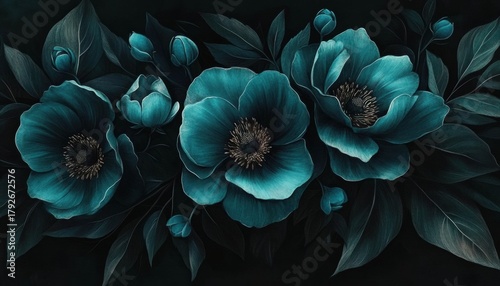 Digital painting group blue flowers leaves are large Close up of blooming