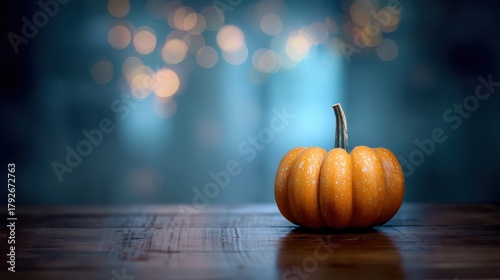 A single, vibrant orange pumpkin sits on a wooden surface with a blurred, bokeh background, evoking a cozy autumn atmosphere.